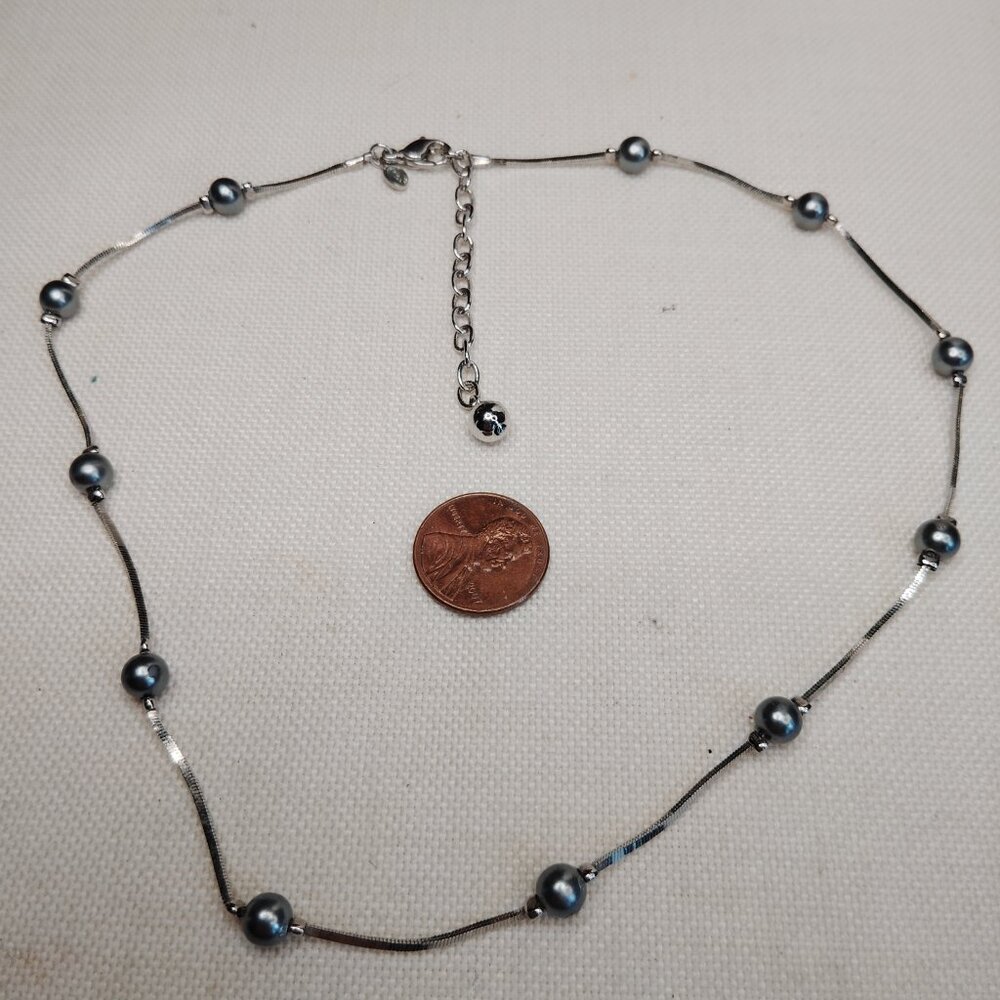 Monet Silver Tone Gray Faux Pearl Station Necklace 16in + 2in Extender
